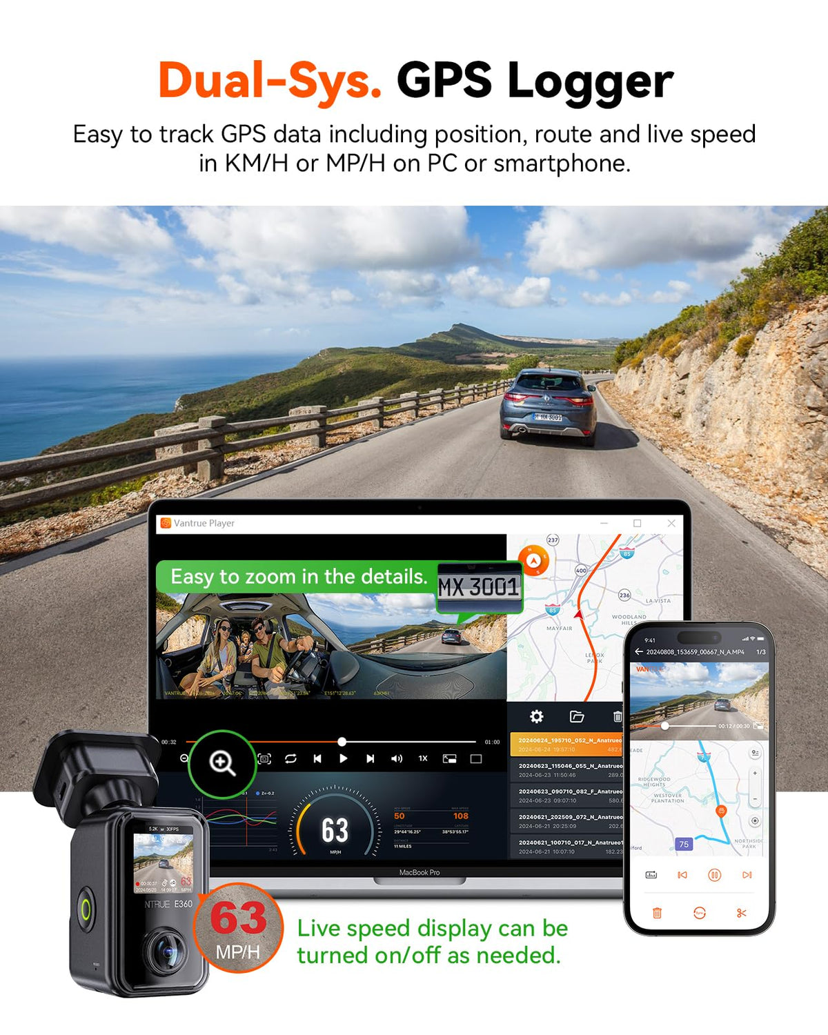 Vantrue E360 ACE charger adapter cable powers cameras on long drives.