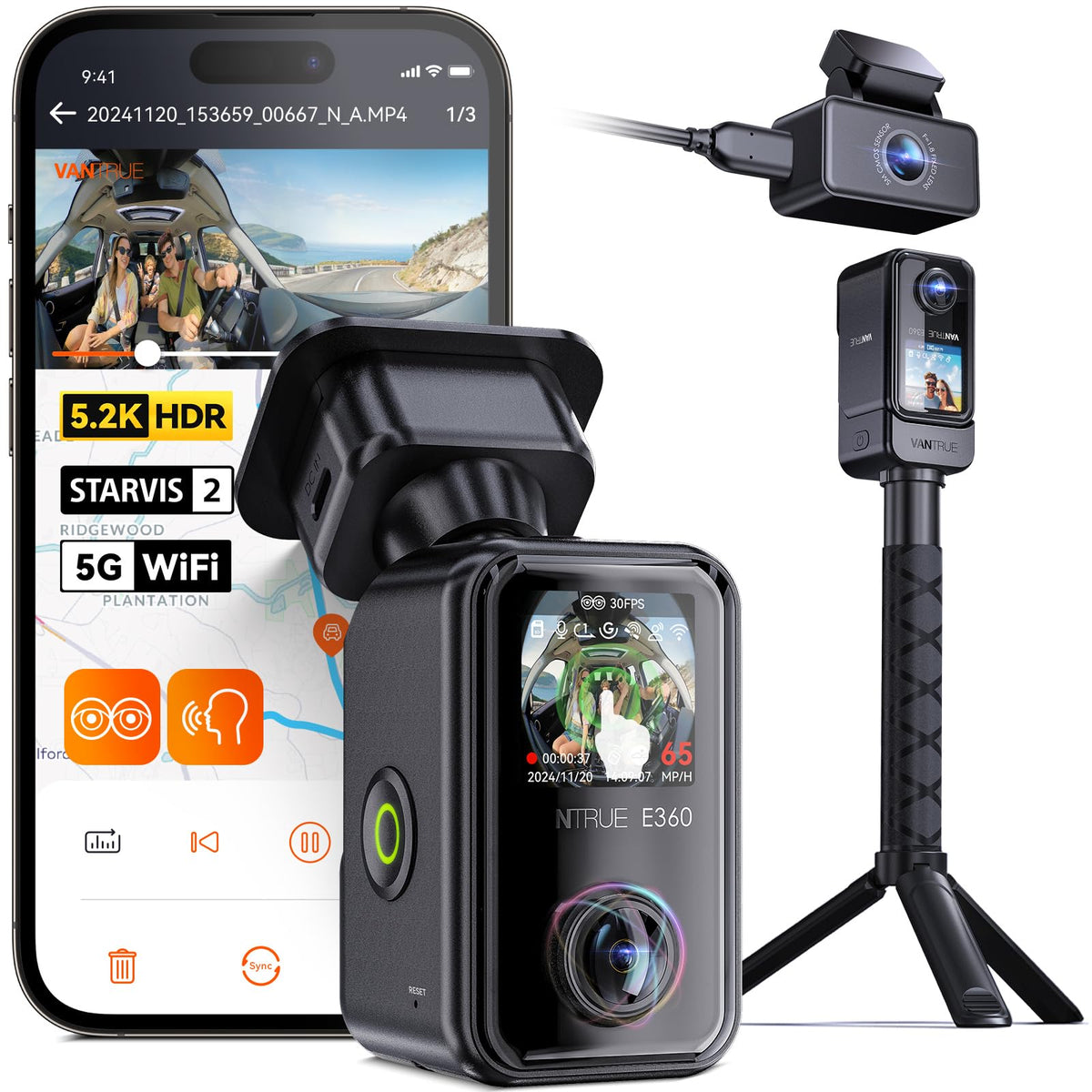 Vantrue E360 ACE front camera and interior view delivers wide road and cabin coverage.