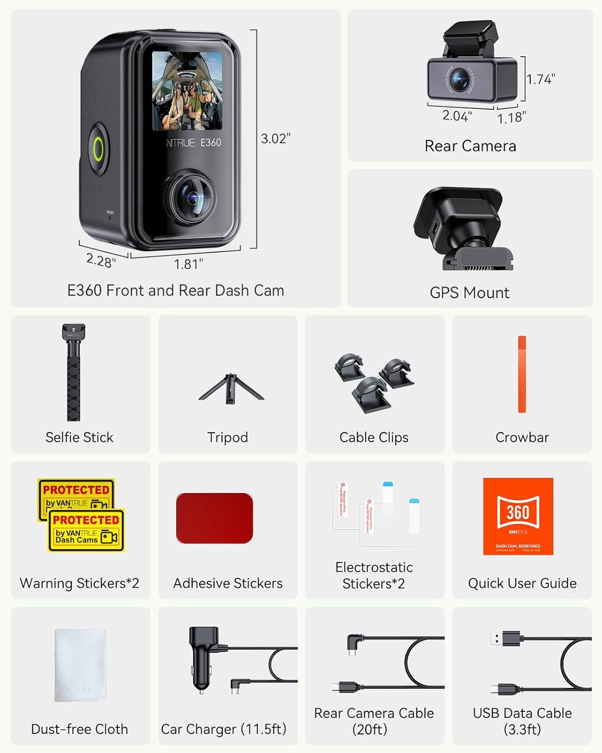 Vantrue E360 ACE installation tools and stickers simplify setup.