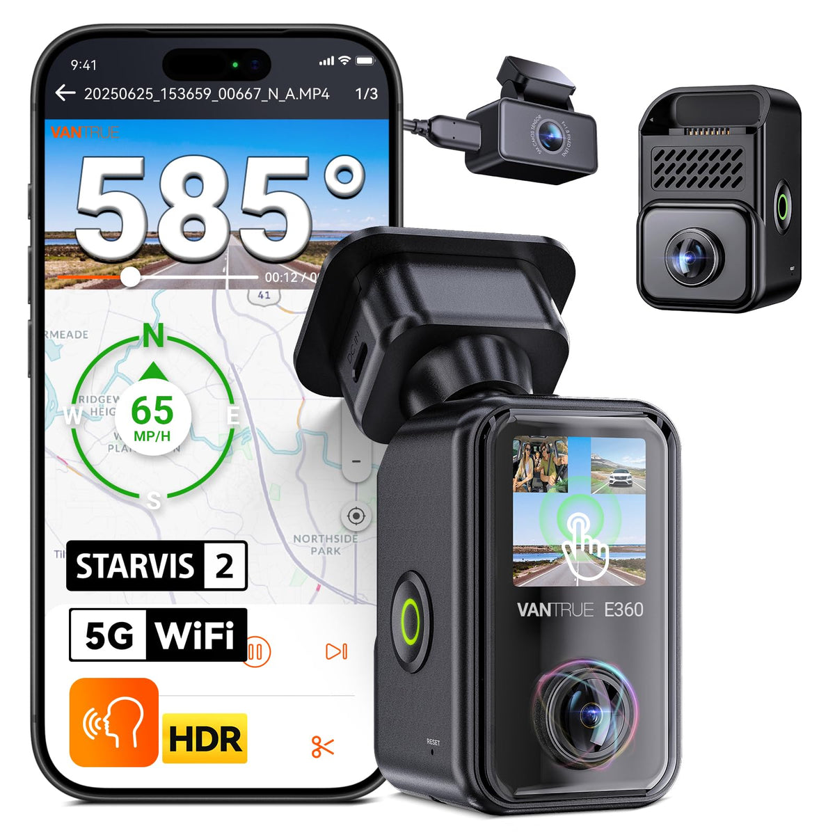 Vantrue E360 Plus front fisheye view captures wide road action for safer driving.