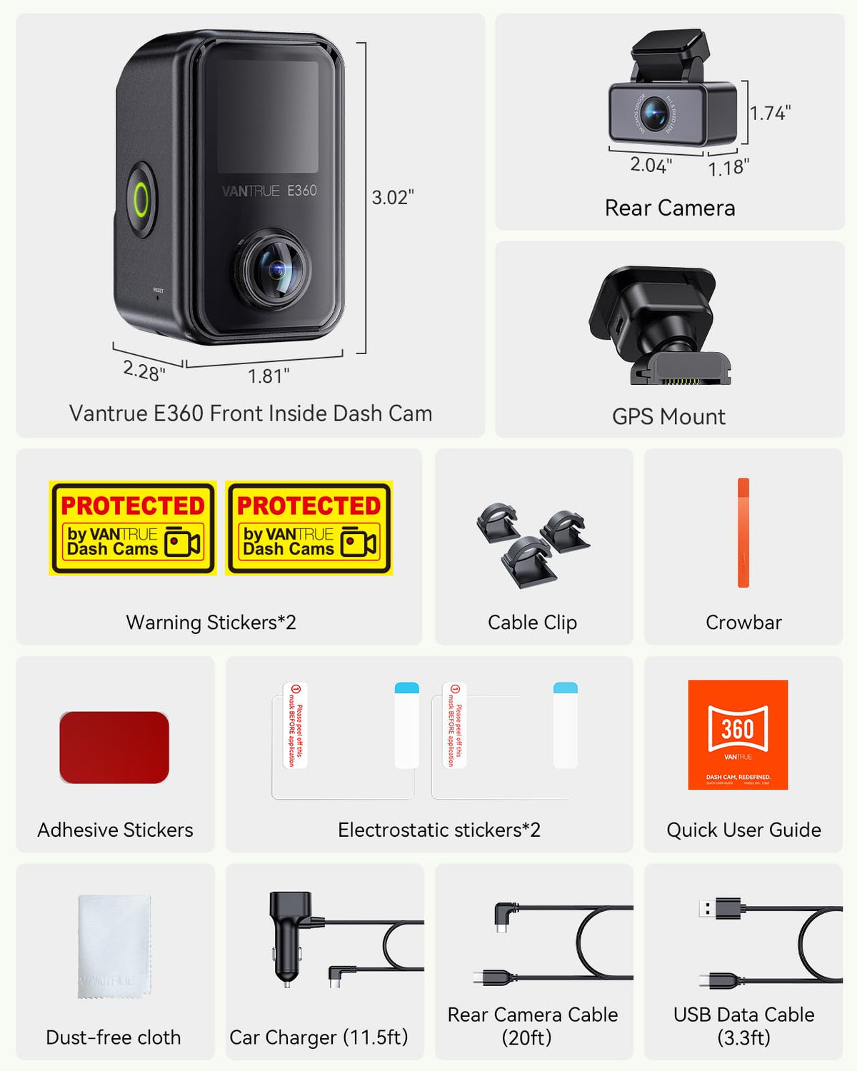 Vantrue E360 Plus installation tools aid a quick setup.