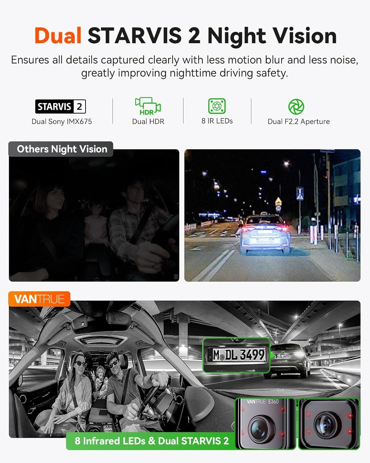 Vantrue E360 Plus night vision with infrared for clear footage in low light.