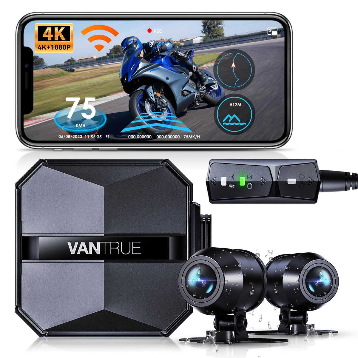 Vantrue F1 front camera in 4K captures sharp road details for safer daytime and nighttime riding.