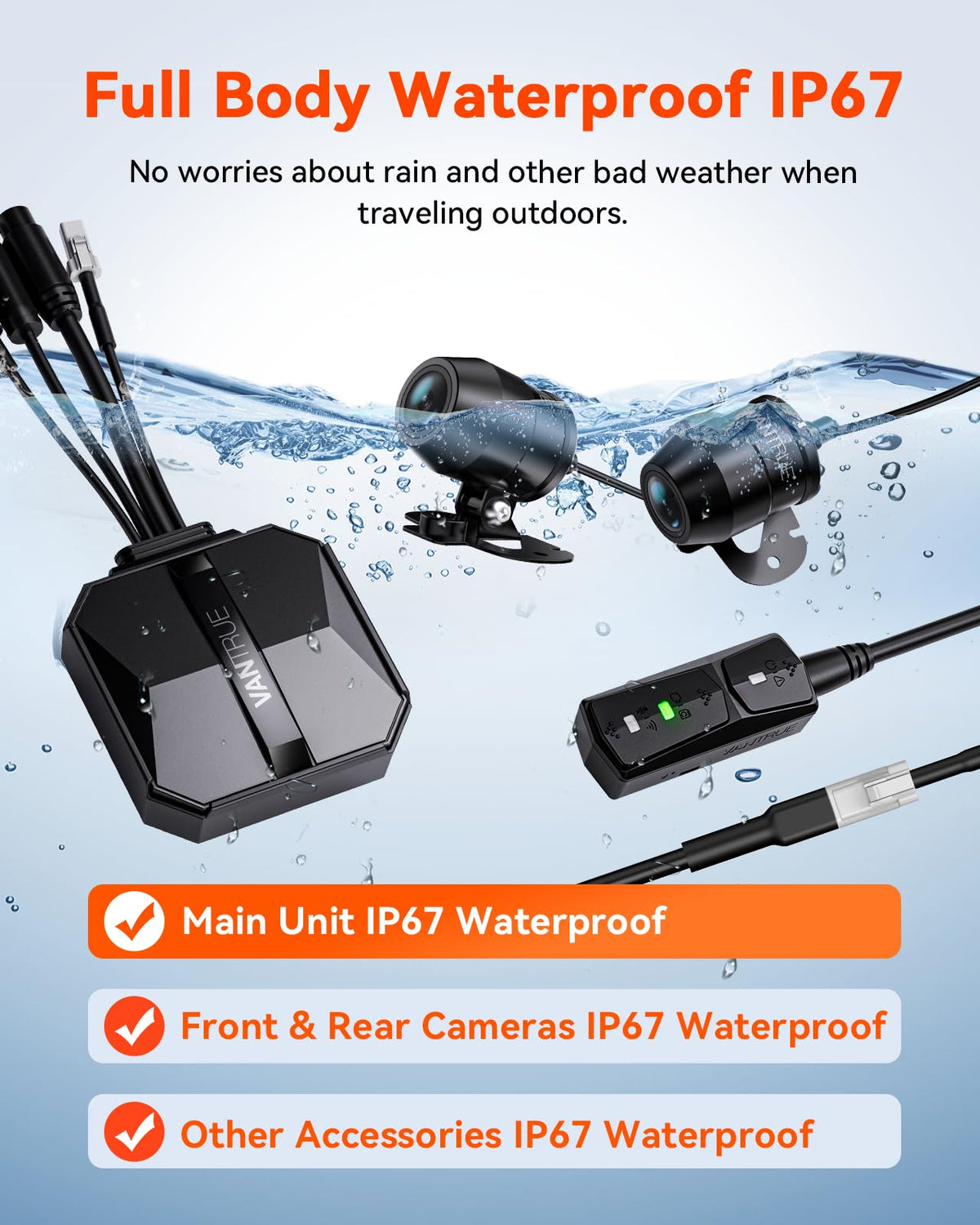 Vantrue F1 IP67 weatherproof design keeps recording in rain, dust, or snow.