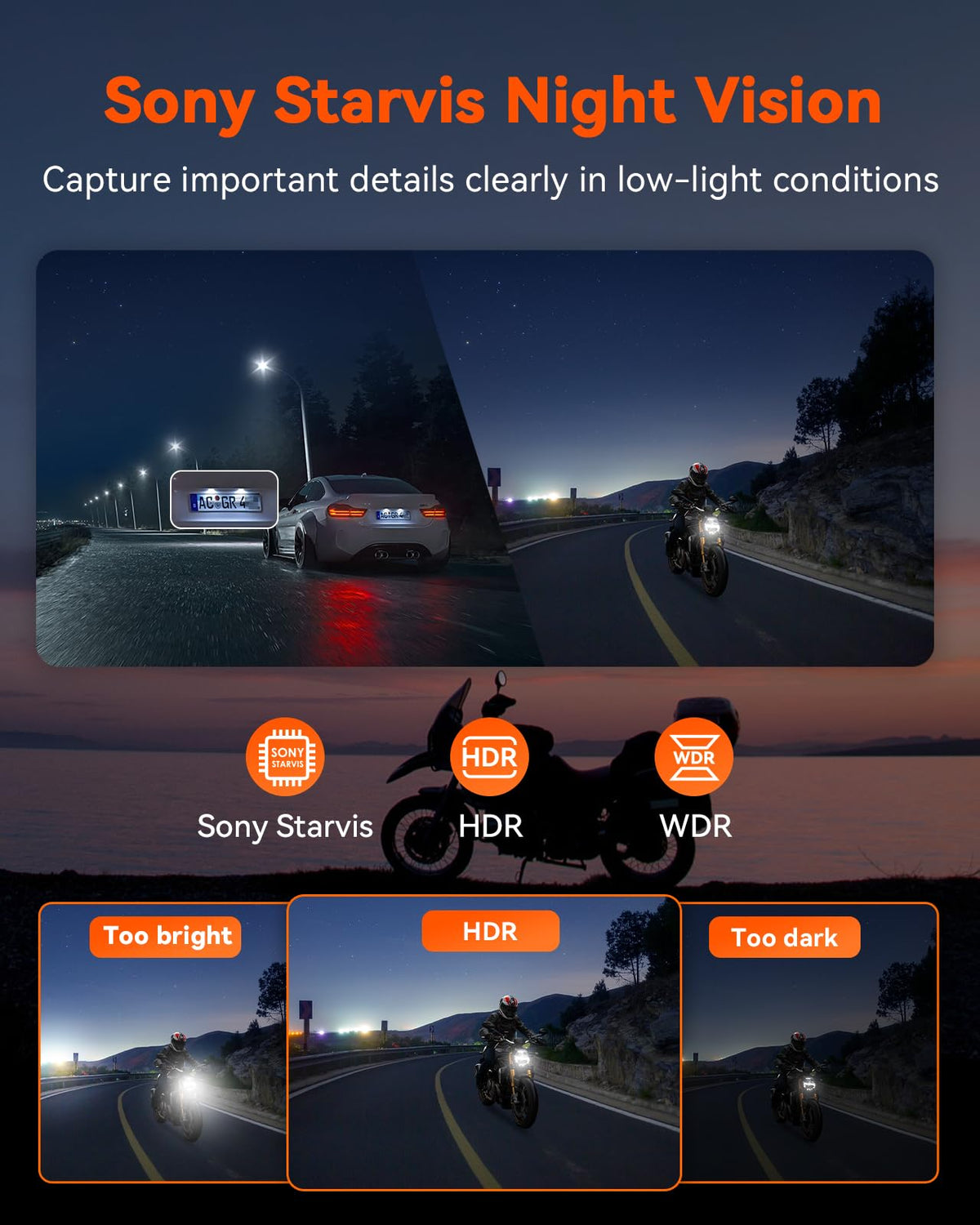 Vantrue F1 night vision helps capture details in low light conditions.