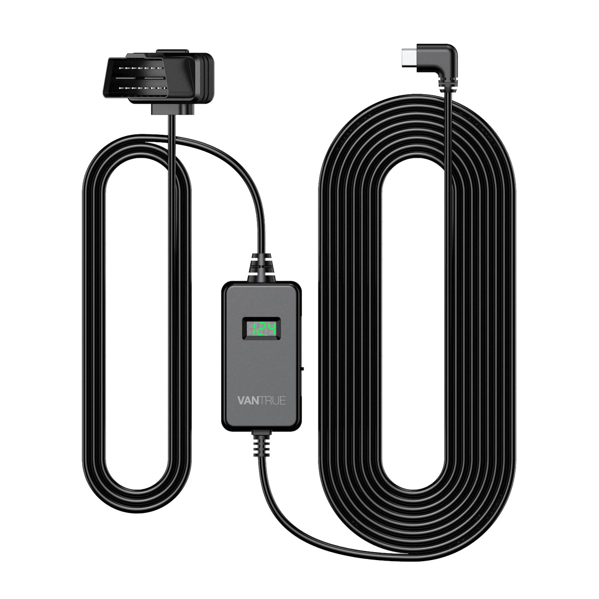 VANTRUE front view of OBD hardwire cable showing neat plug and USB-C lead, easy install