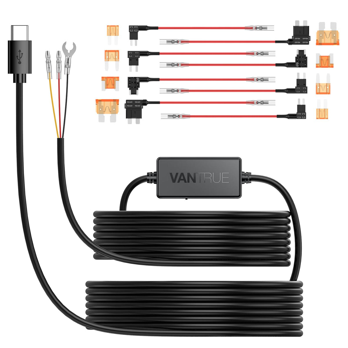 VANTRUE hardwire kit front packaging showing included cable and connectors benefits reliable power