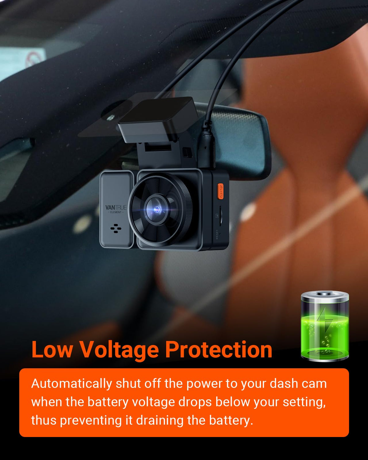 VANTRUE hardwire kit installed in car dashboard, enables parking mode and frees cigarette port