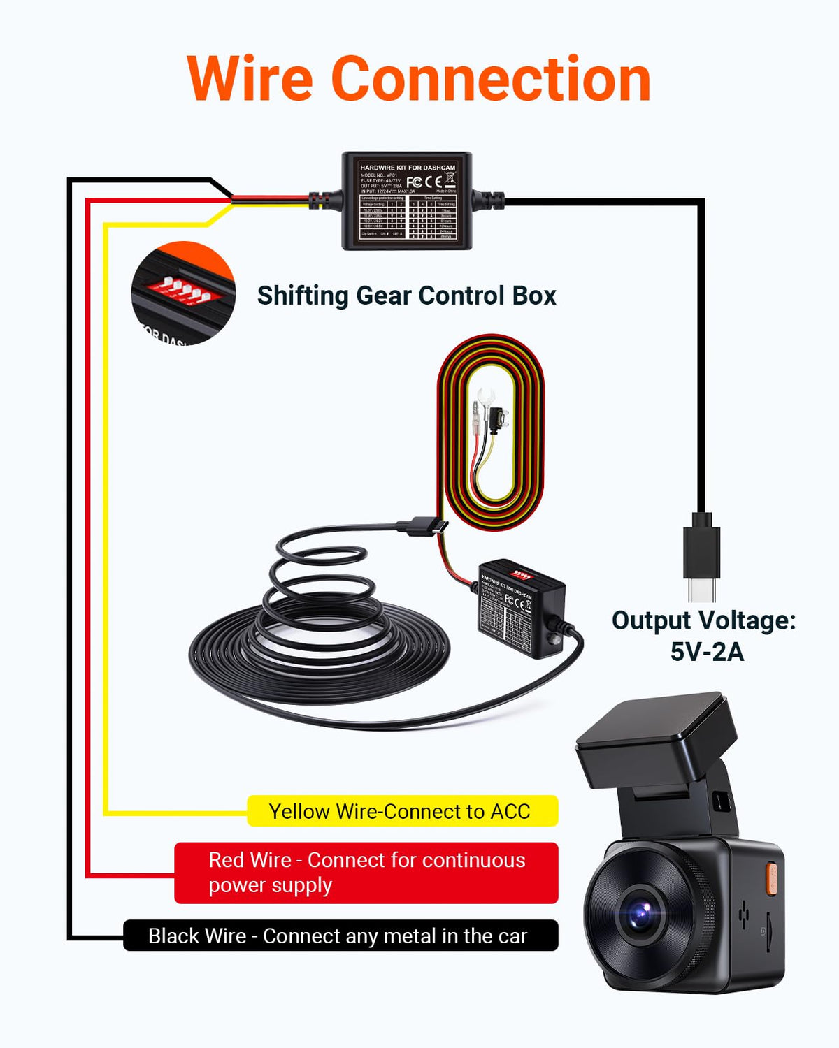 VANTRUE low-voltage switch closeup, selectable cutoff protects vehicle battery from drain