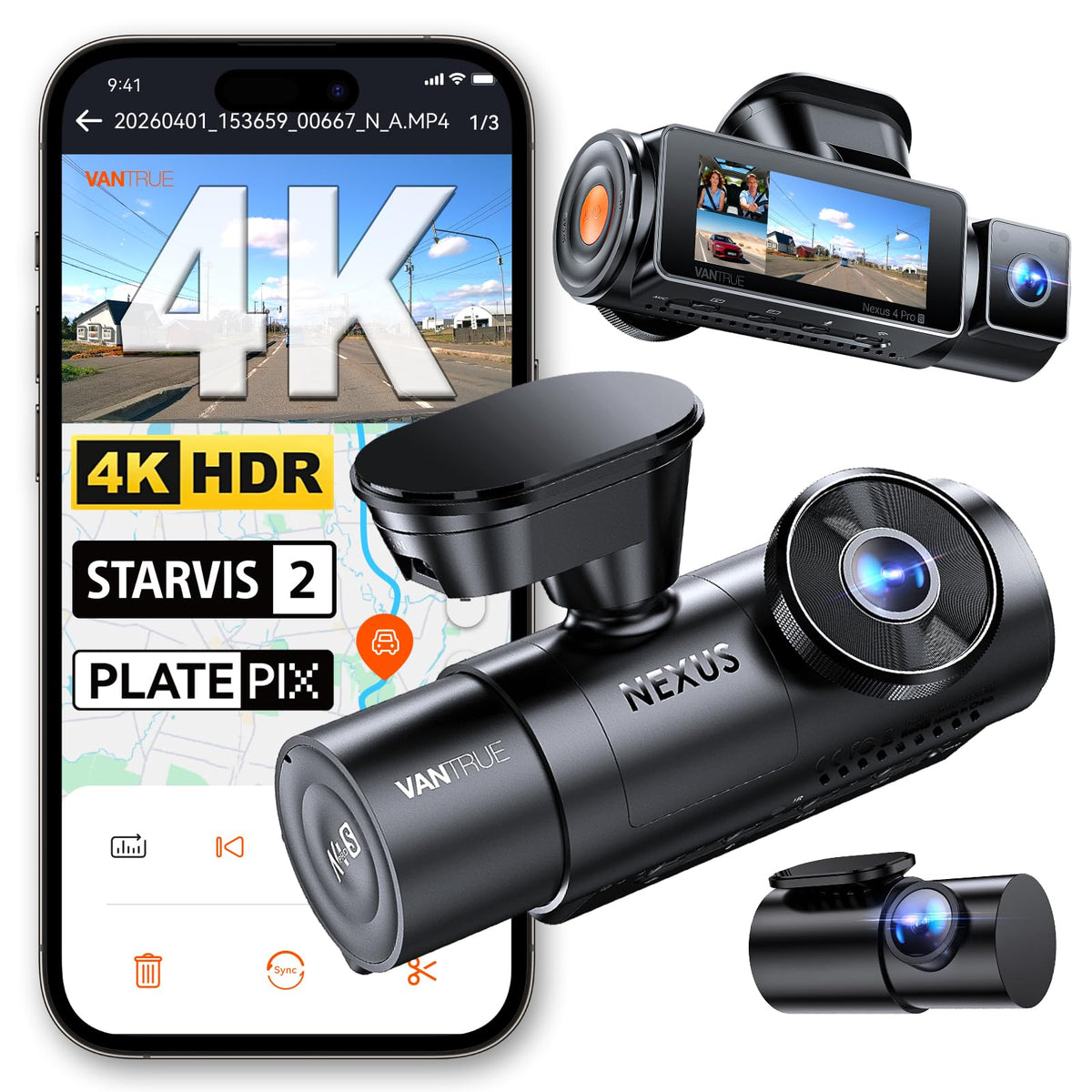Vantrue N4 Pro S front 4K view for crisp daytime and nighttime road footage.