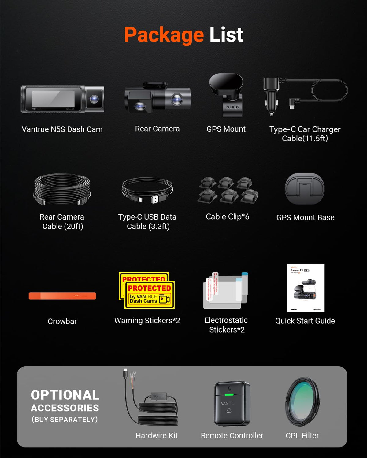 Vantrue N5S installation kit for neat mounting and cable management.