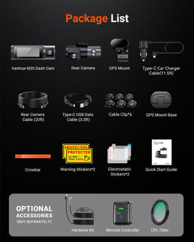 Vantrue N5S installation kit for neat mounting and cable management.