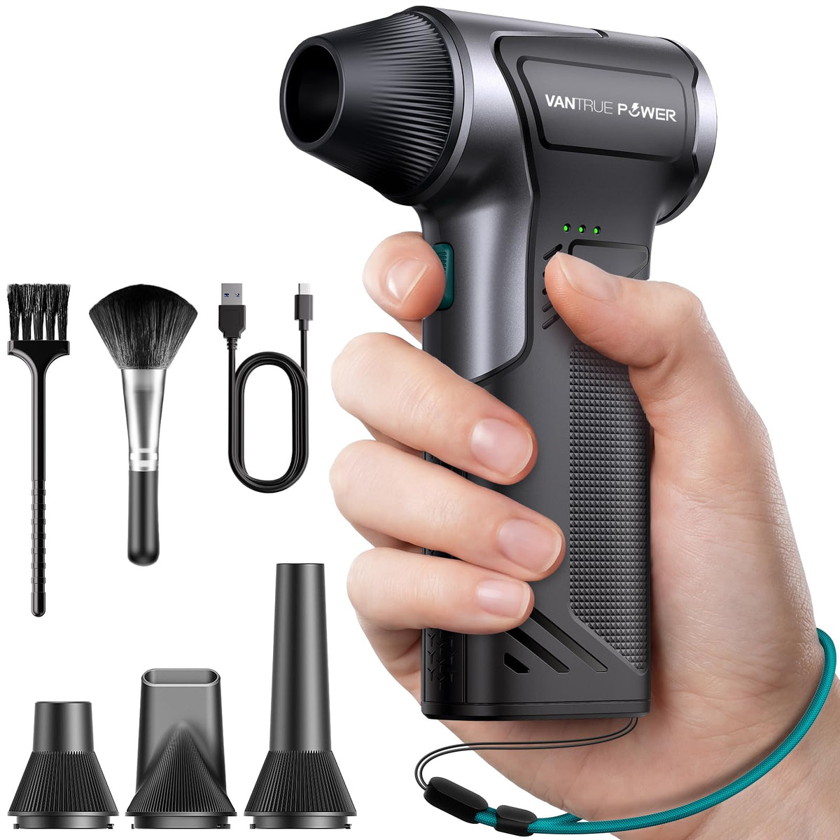 VANTRUE POWER T150 front view showing compact blower and handle, easy portability
