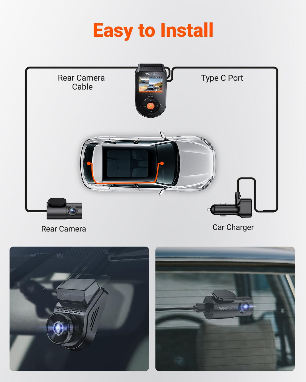 Vantrue S1 Pro discreet design hidden behind rearview mirror for clean installation