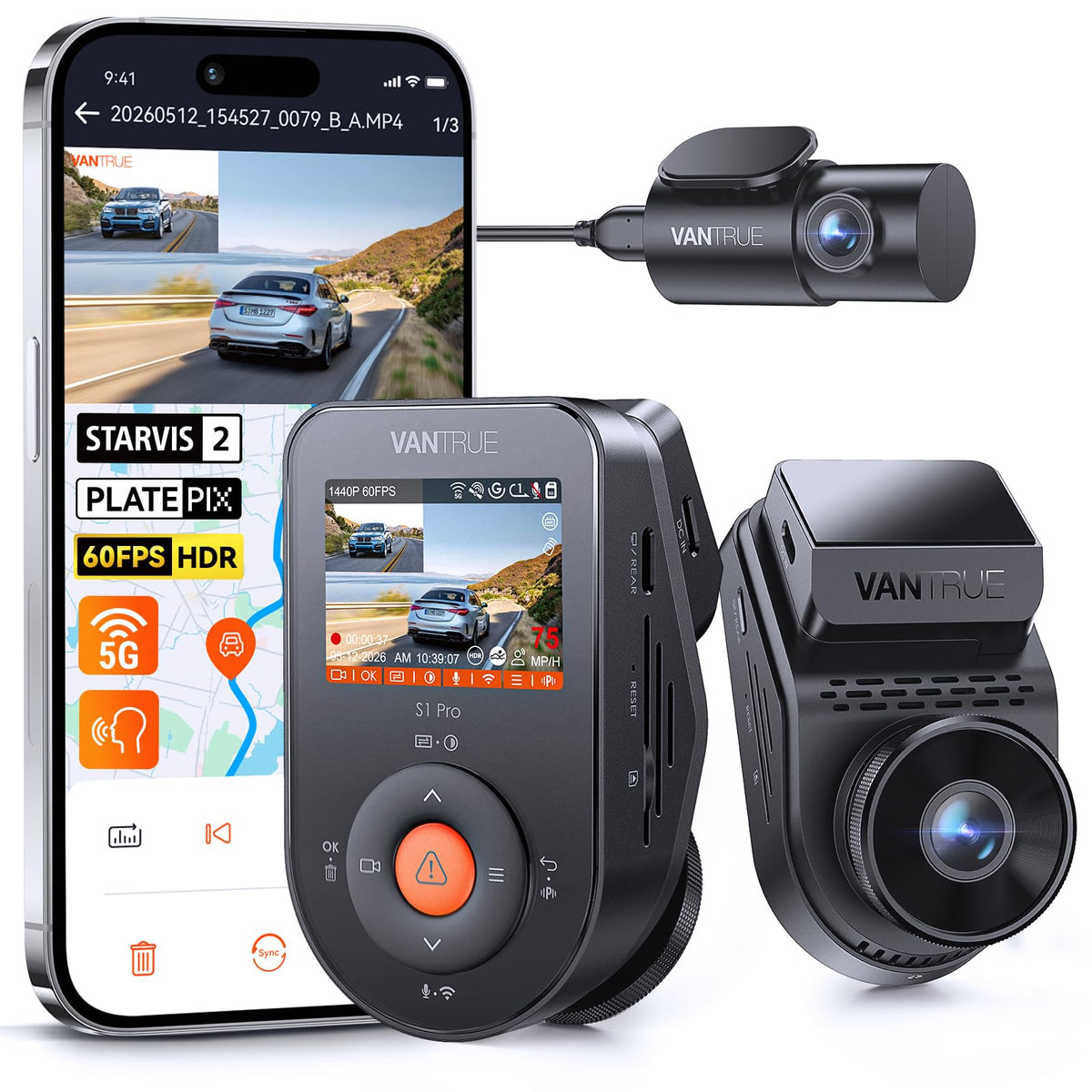Vantrue S1 Pro front camera captures clear daytime and night road footage