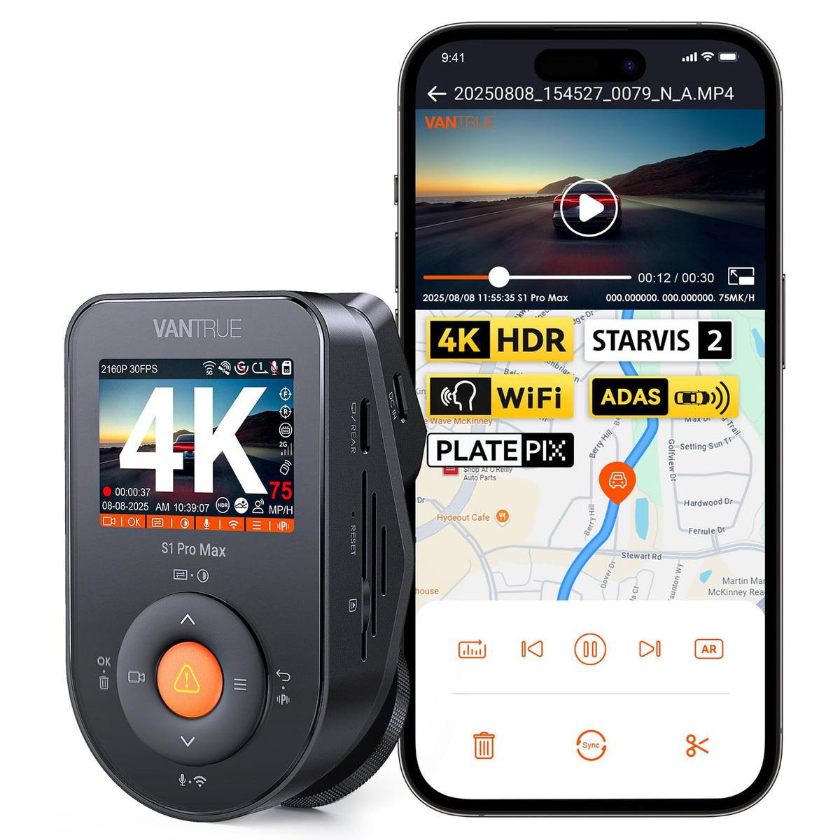 Vantrue S1 Pro Max front 4K clarity captures legible license plates and road signs