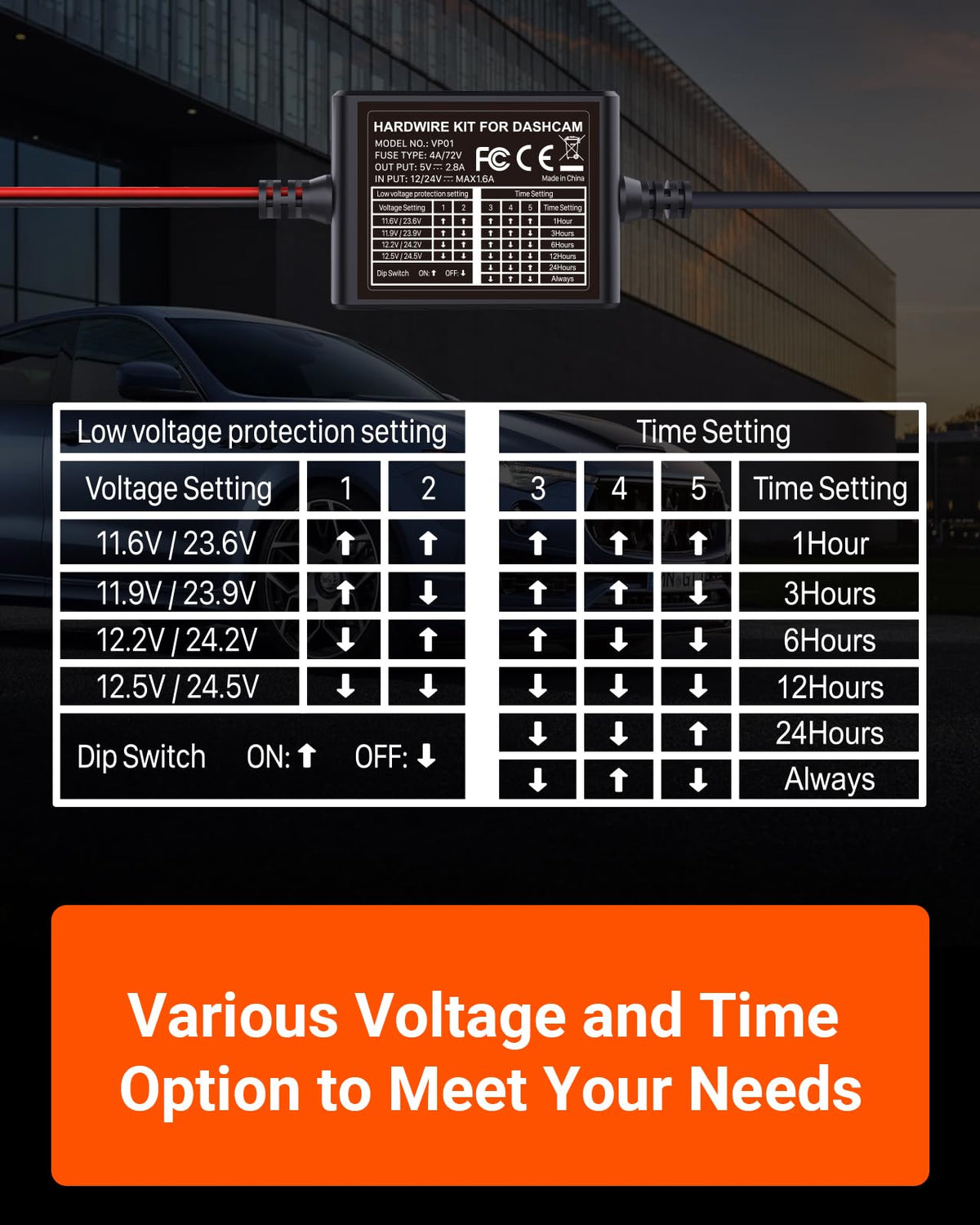 VANTRUE USB-C cable length and connector close-up, provides reliable 14.8ft reach for placement