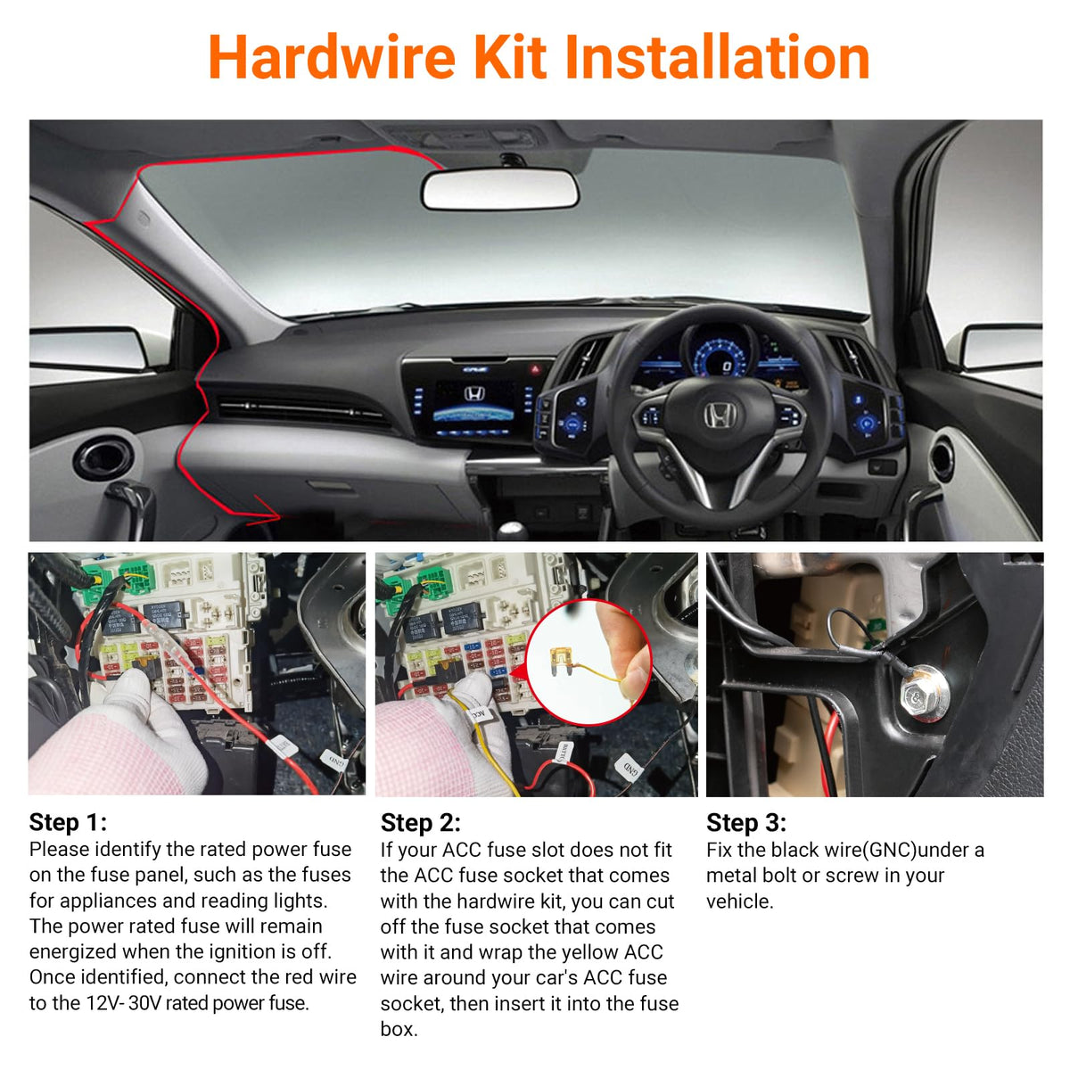 VANTRUE wiring harness ground connection highlighting solid chassis ground for stable power benefit