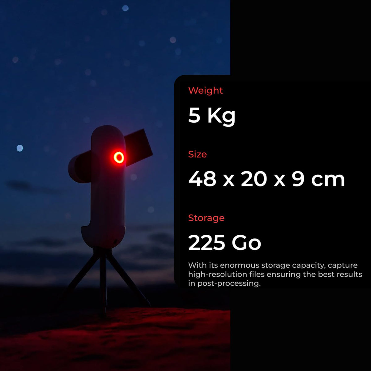 Vaonis Vespera Pro high-resolution imaging for detailed planetary and deep-sky captures.