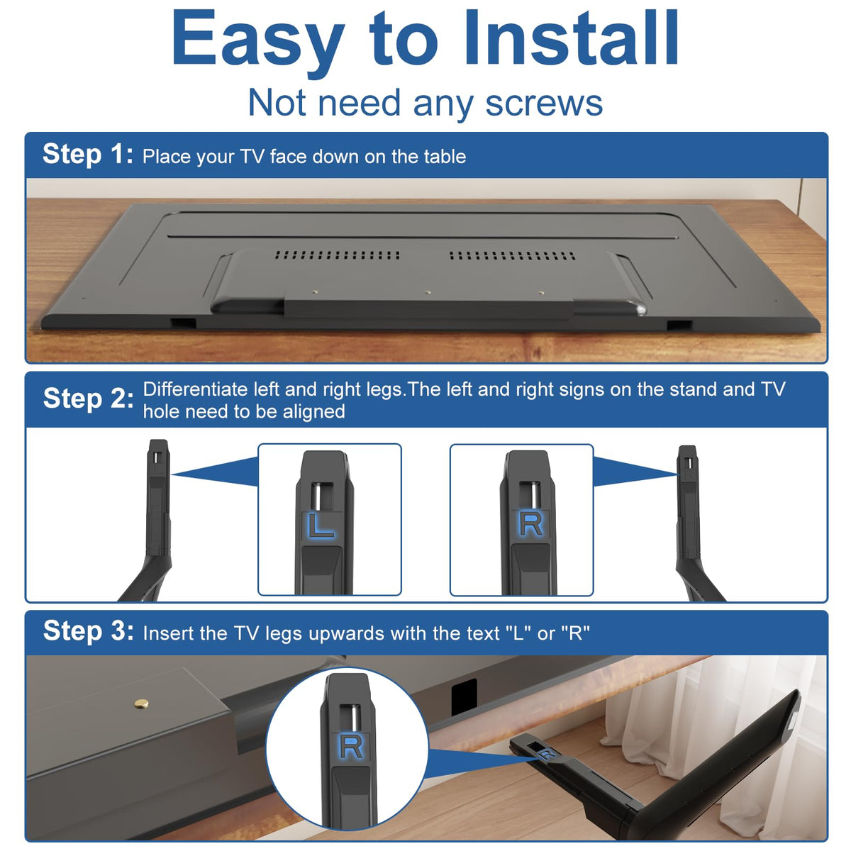 Hands installing Varghesyla screwless legs into Samsung TV bottom, fast tool-free attachment benefit