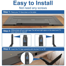 Hands installing Varghesyla screwless legs into Samsung TV bottom, fast tool-free attachment benefit