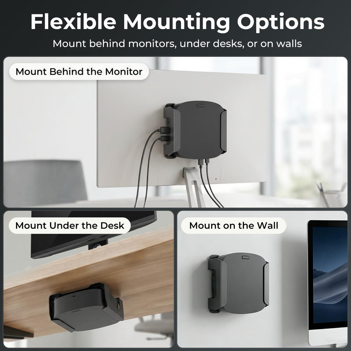 Varghesyla under-desk-mount keeps cables out of sight and within reach.