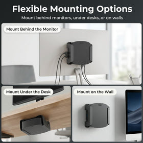 Varghesyla under-desk-mount keeps cables out of sight and within reach.