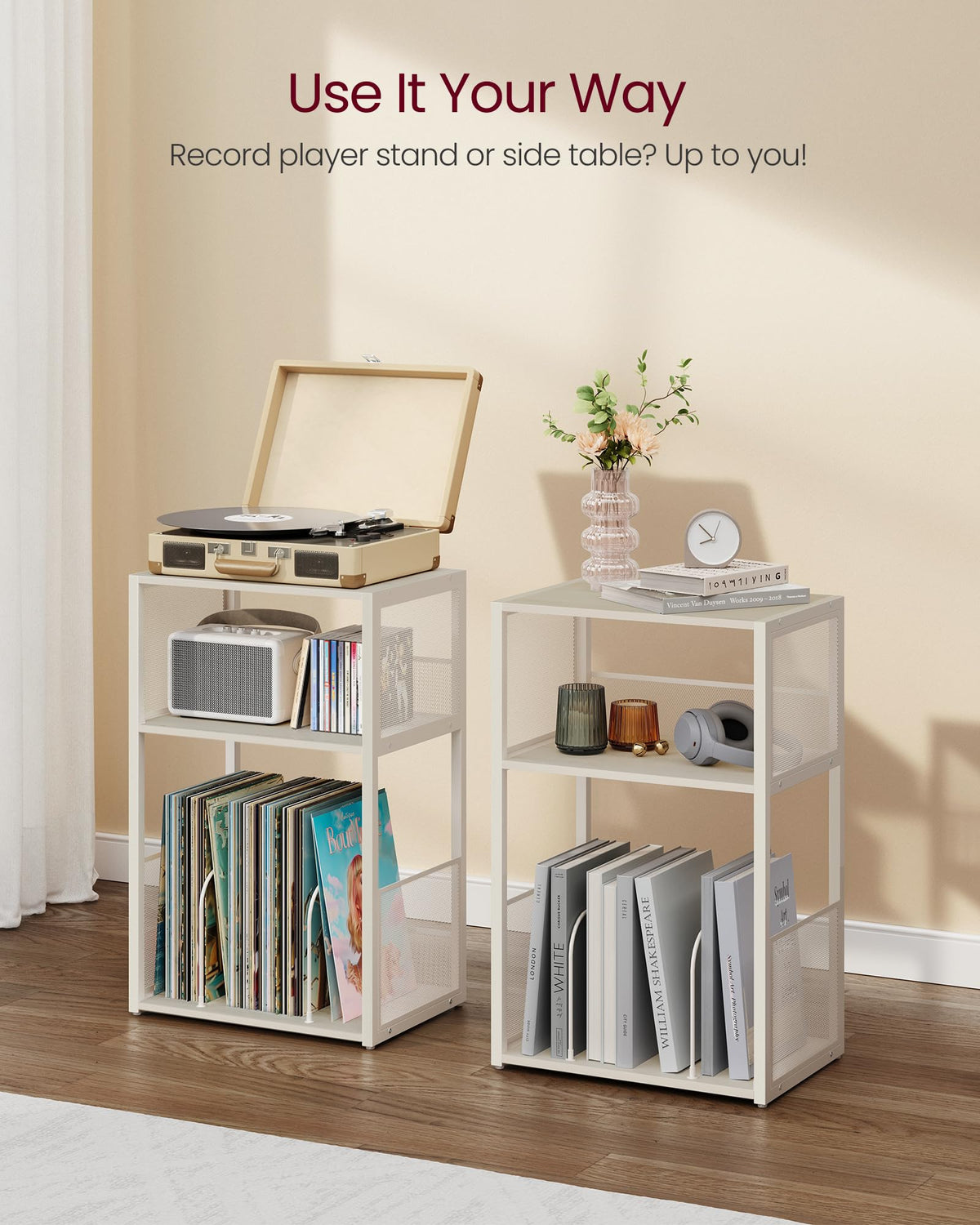 VASAGLE record stand in living room showing space-saving styling benefit