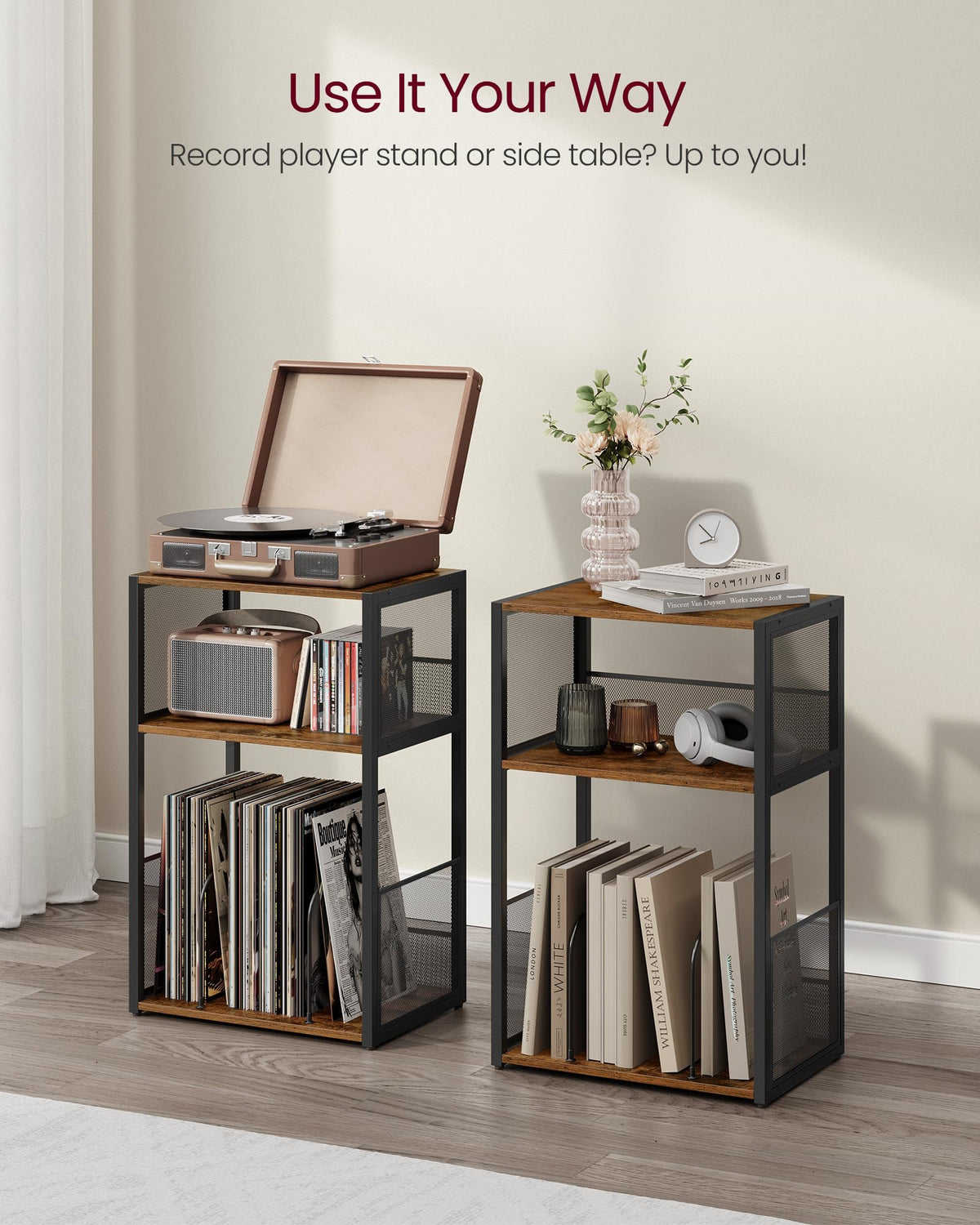 VASAGLE lifestyle scene with stand next to sofa, demonstrating stylish living room use