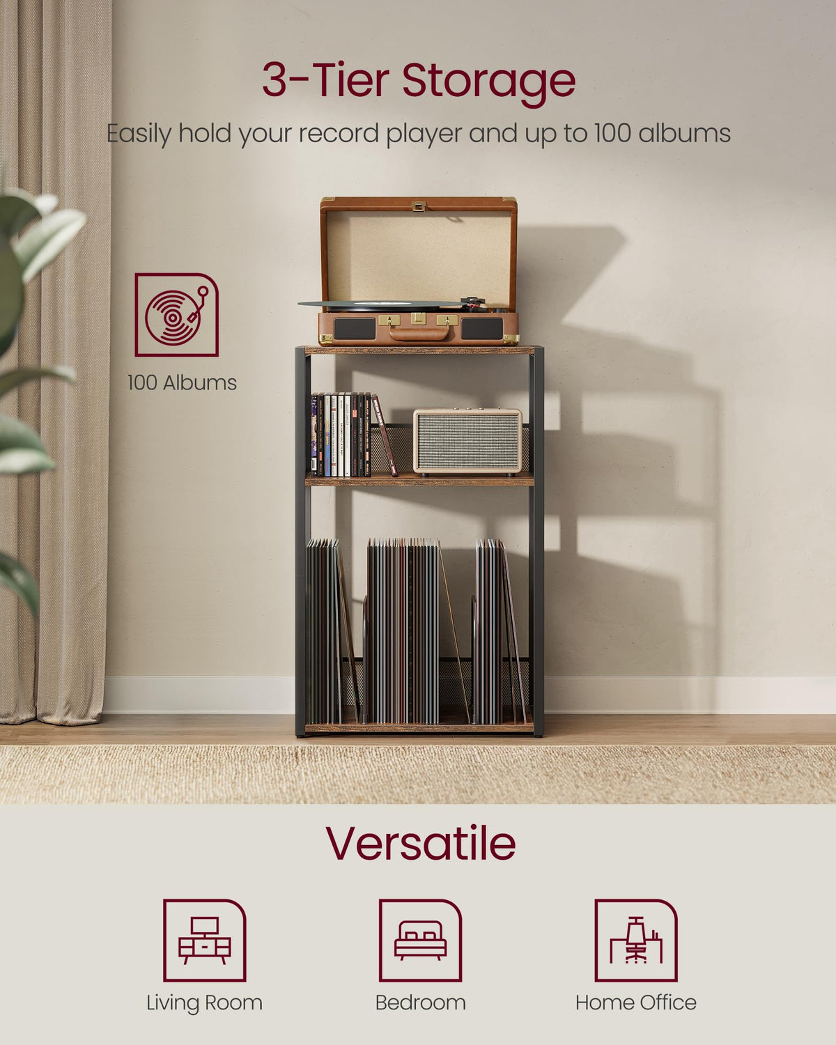 VASAGLE open shelves filled with vinyl albums for organized storage and quick access