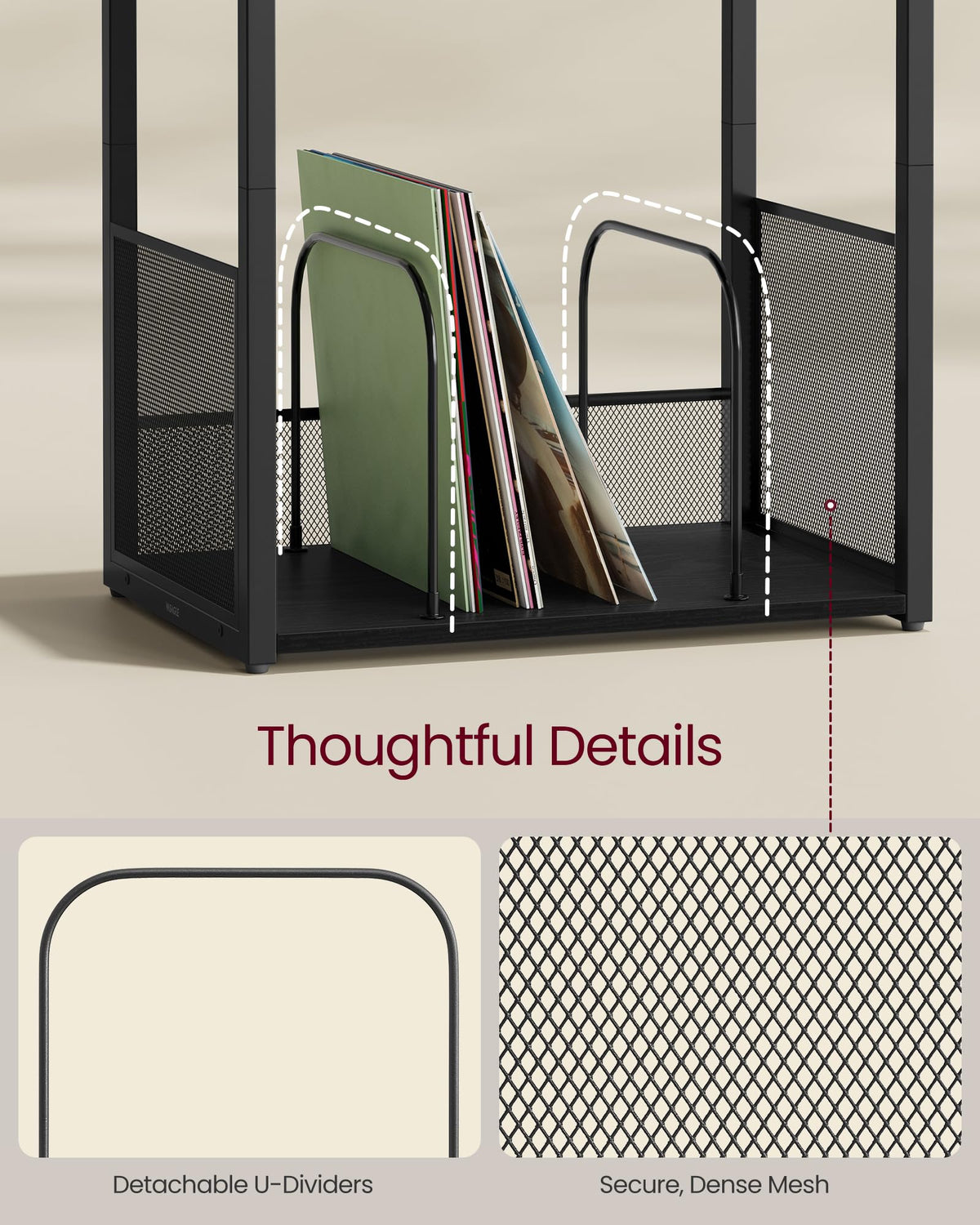 VASAGLE removable U-shaped dividers close-up enabling customizable storage