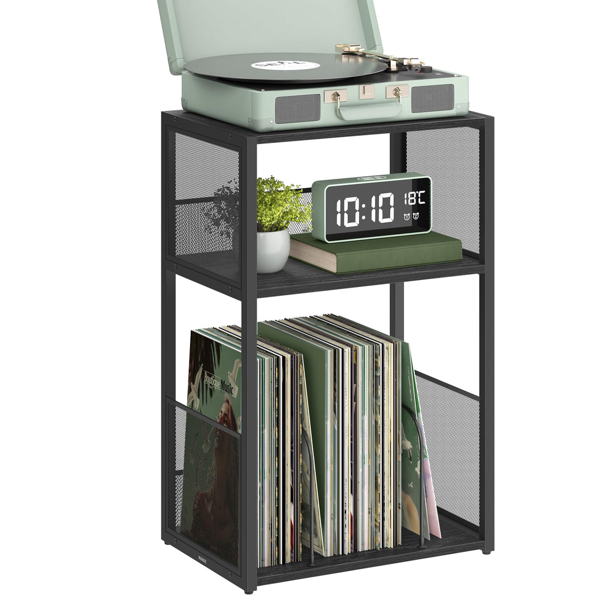 VASAGLE front view of record player stand showing stable footprint and ebony finish