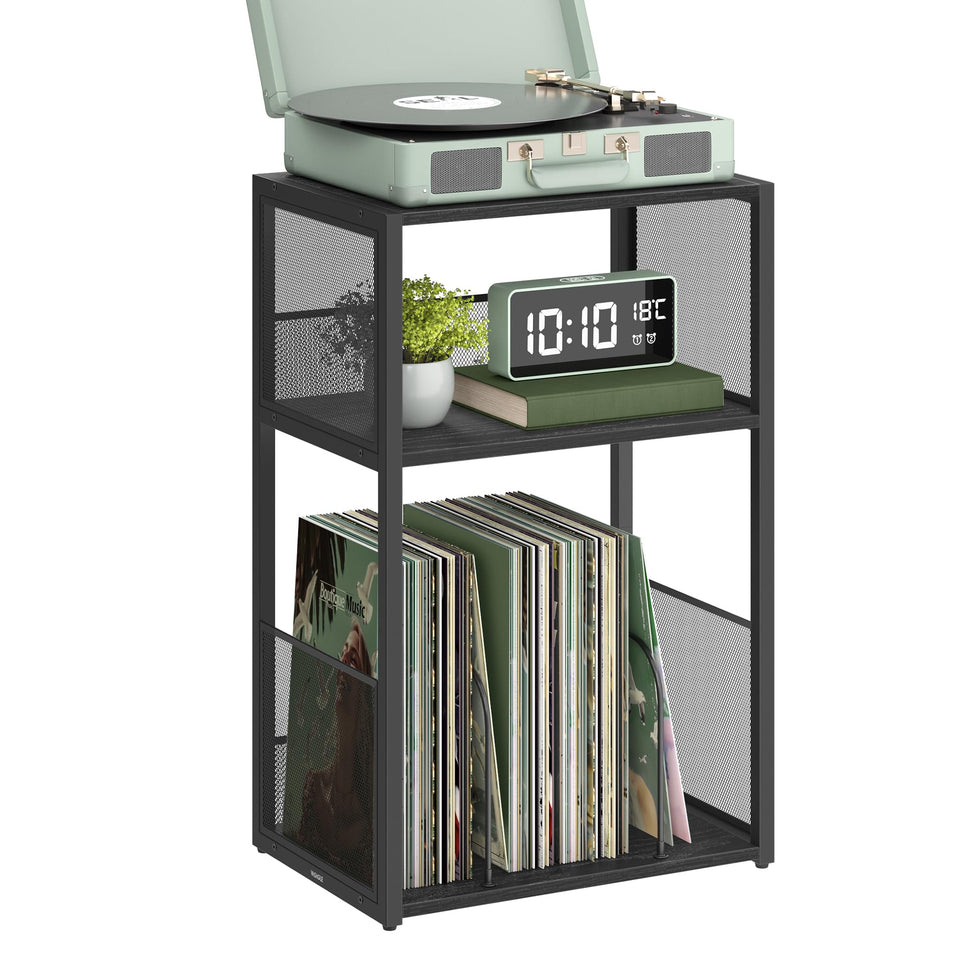 VASAGLE front view of record player stand showing stable footprint and ebony finish