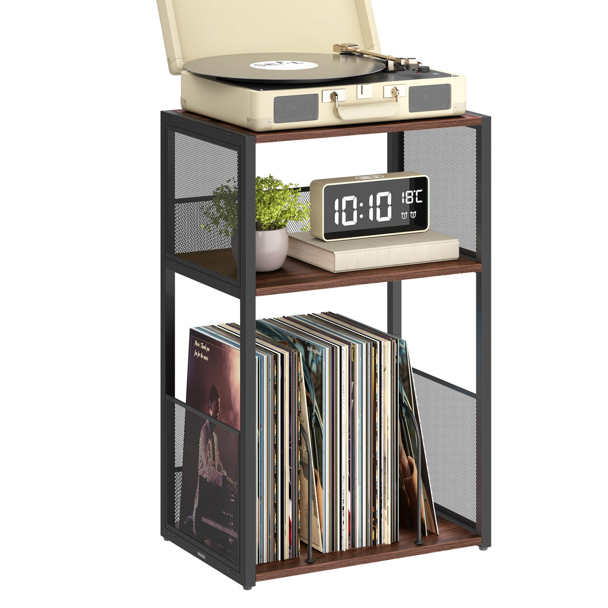 VASAGLE front view showing turntable and organized vinyl storage benefit: tidy music area