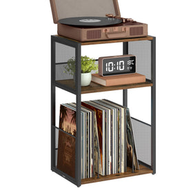 VASAGLE front view of record player stand showing stable turntable surface and rustic appeal