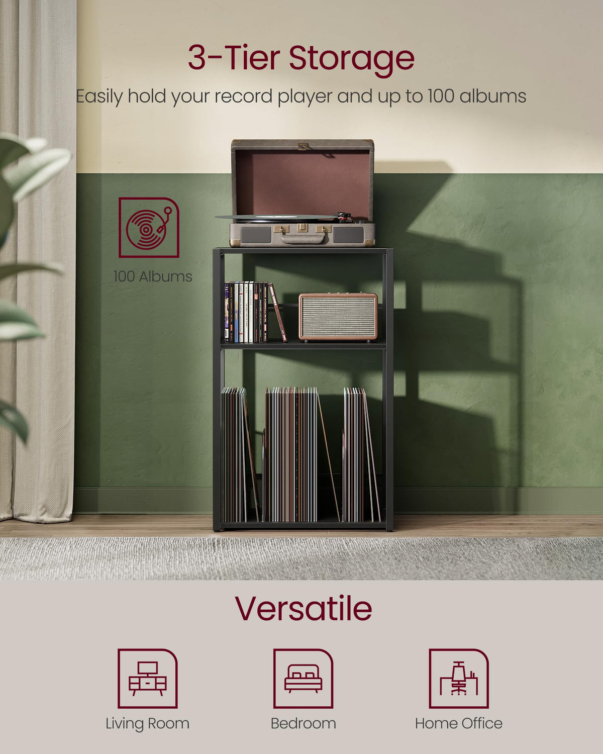 VASAGLE open shelves filled with vinyl showing organized storage benefit