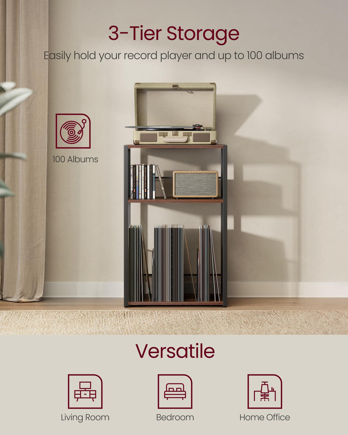 VASAGLE shelf detail with mesh backing and divider benefit: keeps records upright and safe