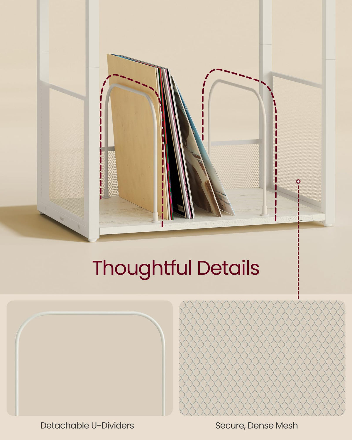 VASAGLE removable dividers showing customizable storage benefit