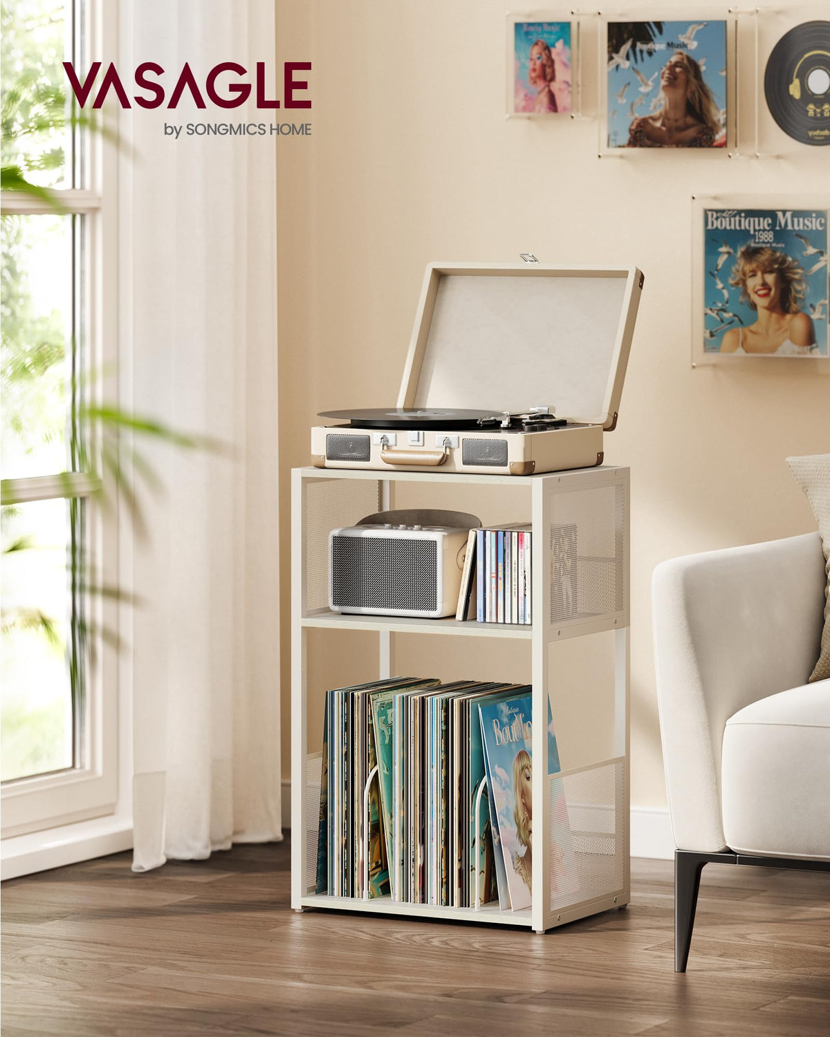 VASAGLE tabletop with turntable showing compact music setup benefit