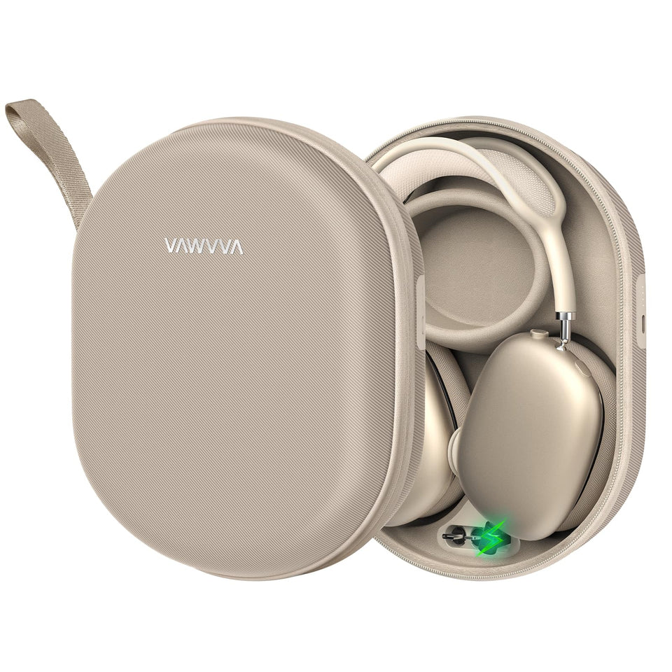 VAWVVA AirPods Max taupe charging-case with rugged travel protection.