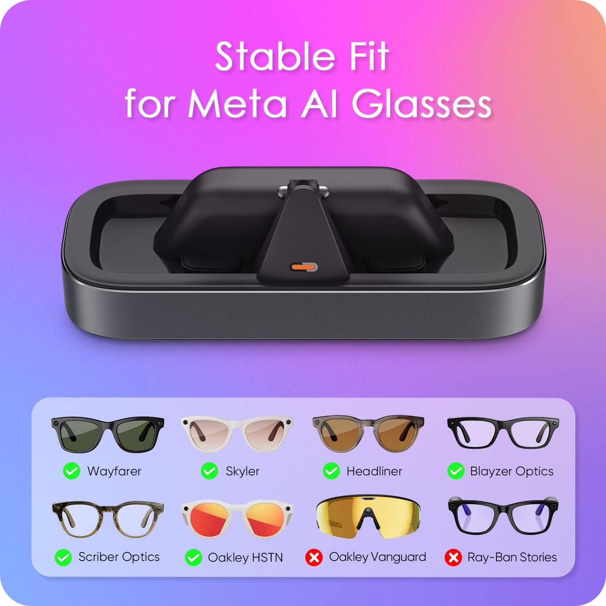 VAWVVA close-up of precision charging pins aligning with Meta glasses for reliable power