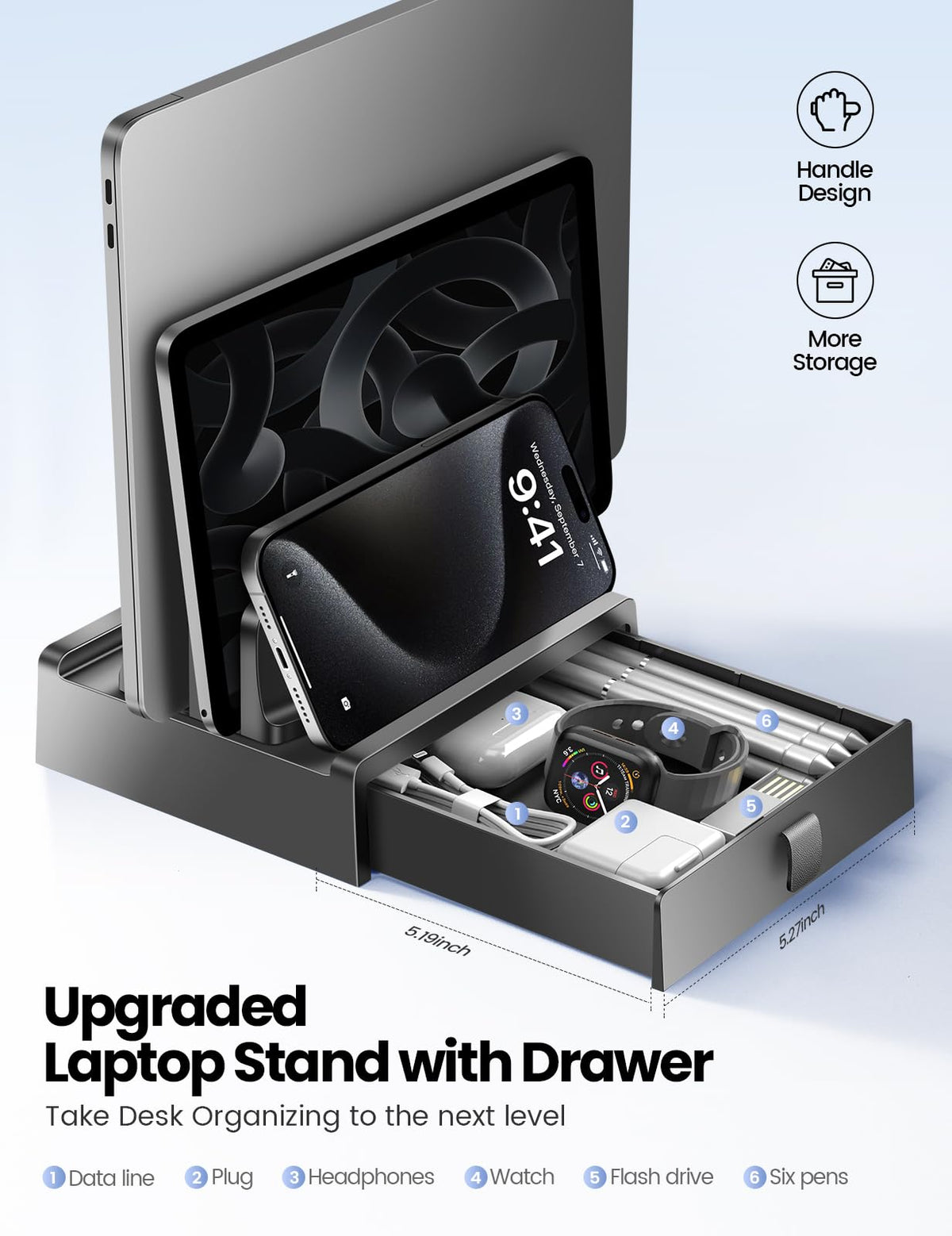 Vaydeer drawer open with cables and pens organized for quick-access benefit