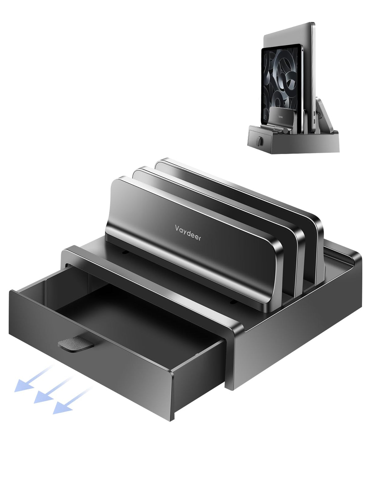 Vaydeer front view vertical stand showing compact footprint and organized desk benefit