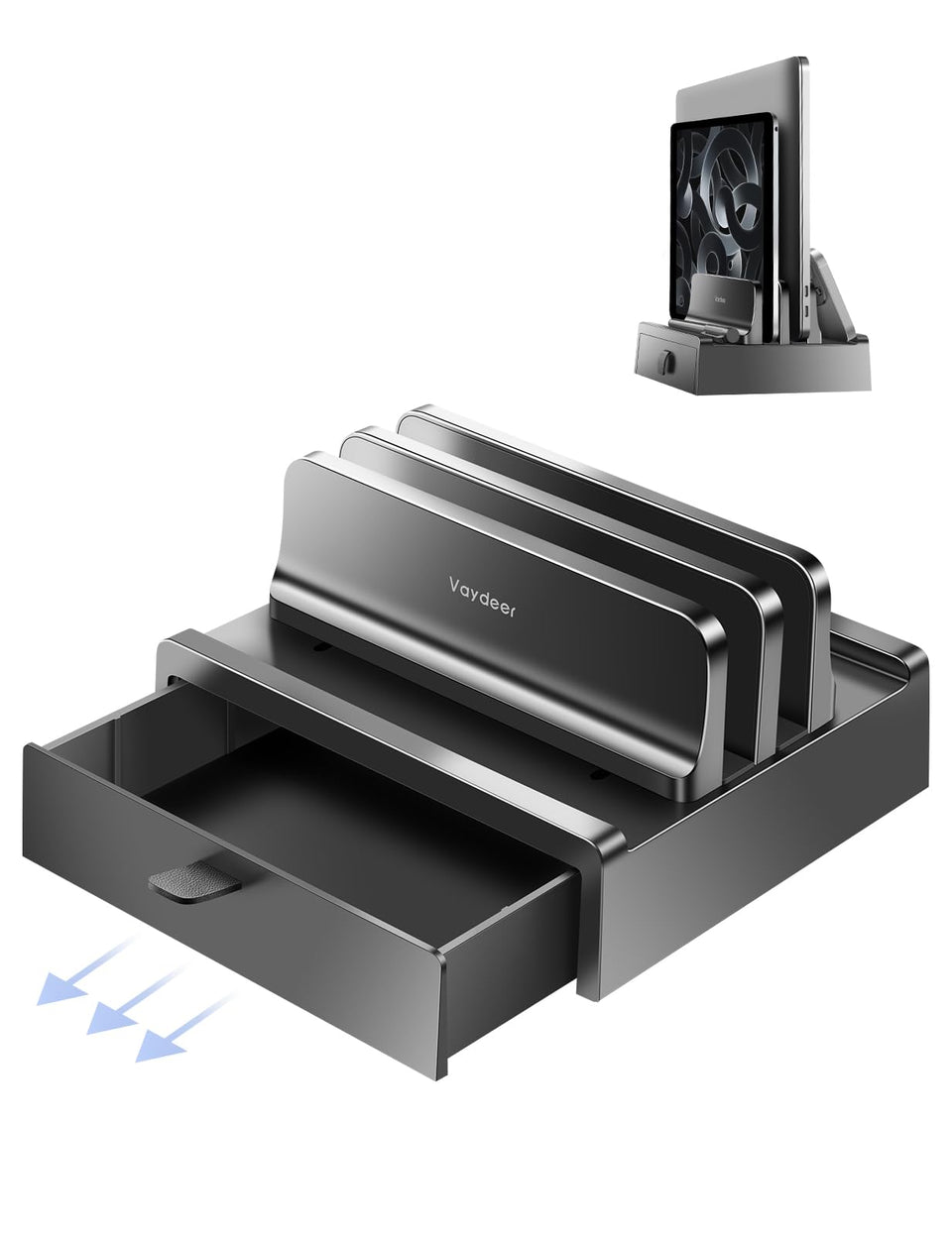 Vaydeer front view vertical stand showing compact footprint and organized desk benefit