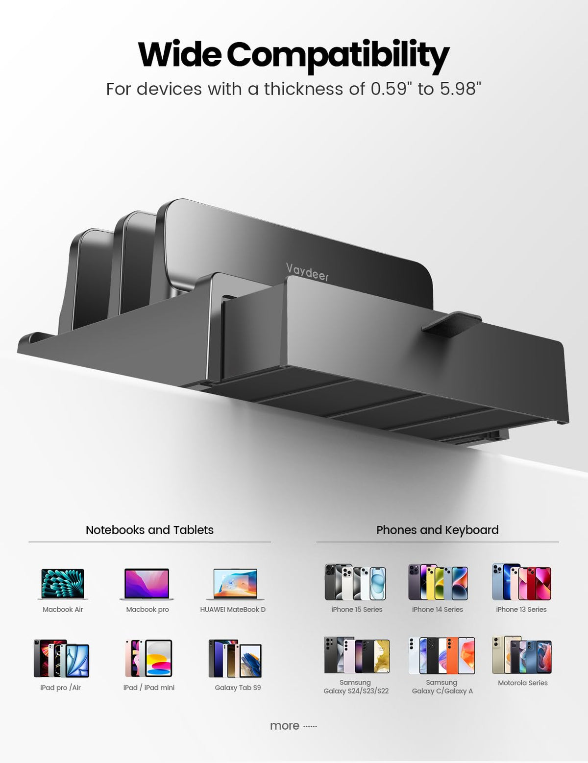 Vaydeer holding two laptops upright to save desk space and improve airflow benefit