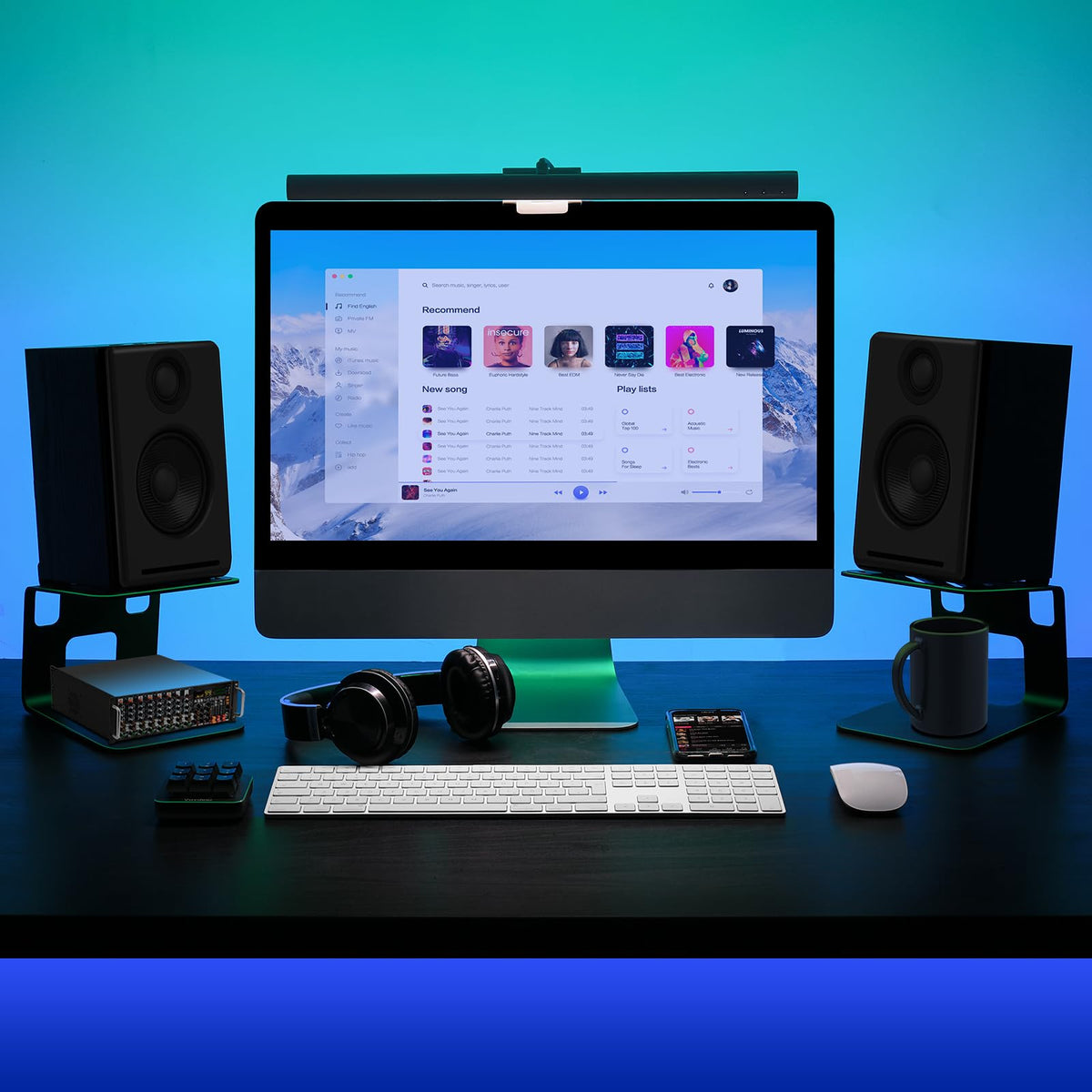 Vaydeer in-use on desktop stereo setup improving imaging and freeing desk space