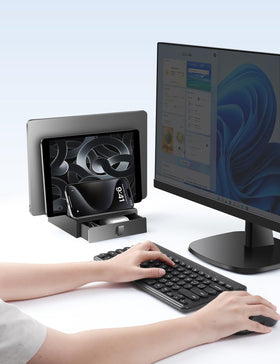 Vaydeer on a tidy desk holding devices and accessories for an efficient workspace benefit