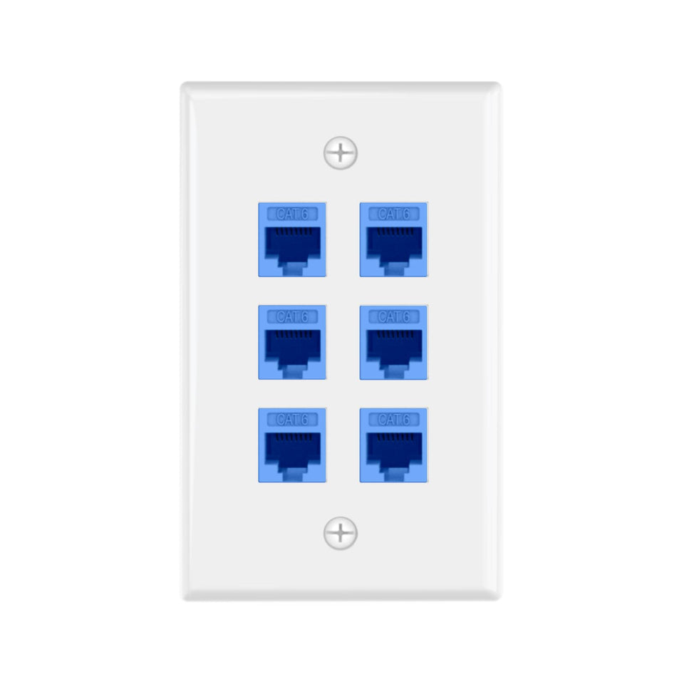 VCE 6-port wall plate front view for organized cabling