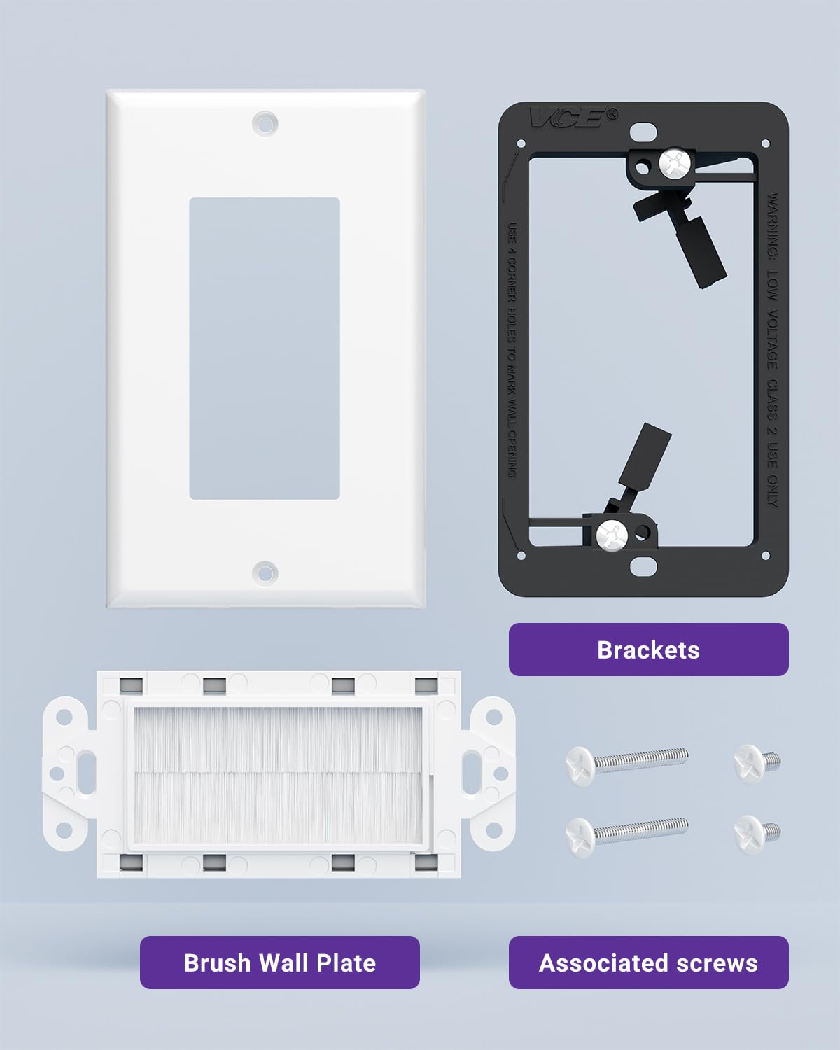 VCE brush wall plate dust-blocking bristles help reduce wall cavity dust.