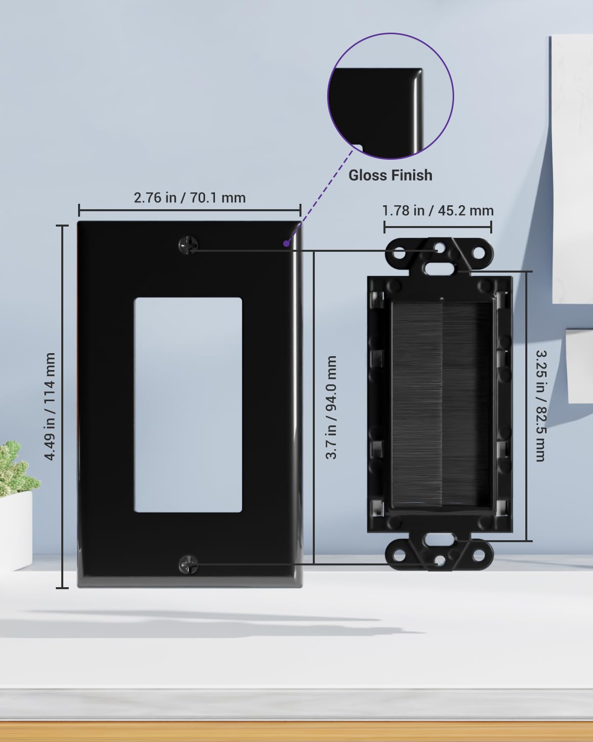 VCE Brush Wall Plate flush-fit installation view highlighting minimal wall protrusion